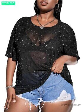 Plus Size Fishnet Mesh Top with Sequins Festival T-Shirt Concert Outfit